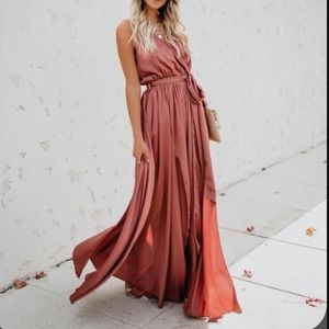 Satin Diana maxi dress in “clay”